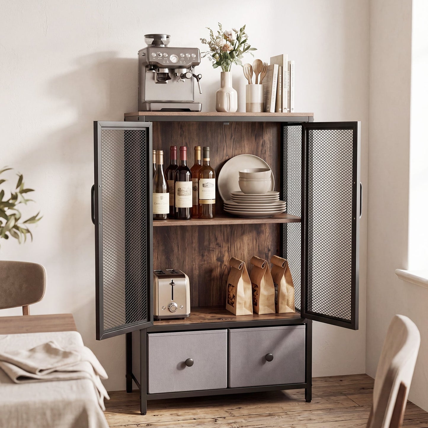 2-Tier Coffee Bar Cabinet with Spacious Countertop and 2 Fabric Drawers-Rustic Brown