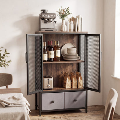 2-Tier Coffee Bar Cabinet with Spacious Countertop and 2 Fabric Drawers-Rustic Brown