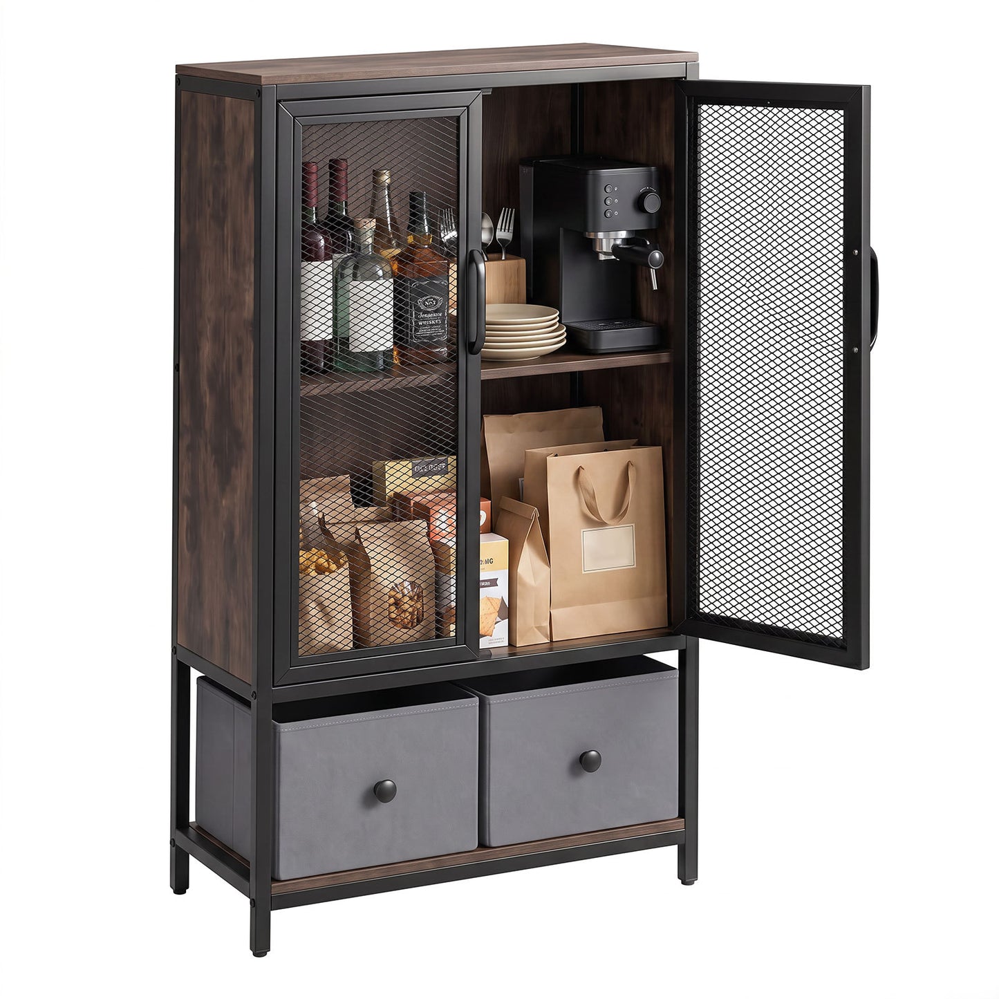2-Tier Coffee Bar Cabinet with Spacious Countertop and 2 Fabric Drawers-Rustic Brown