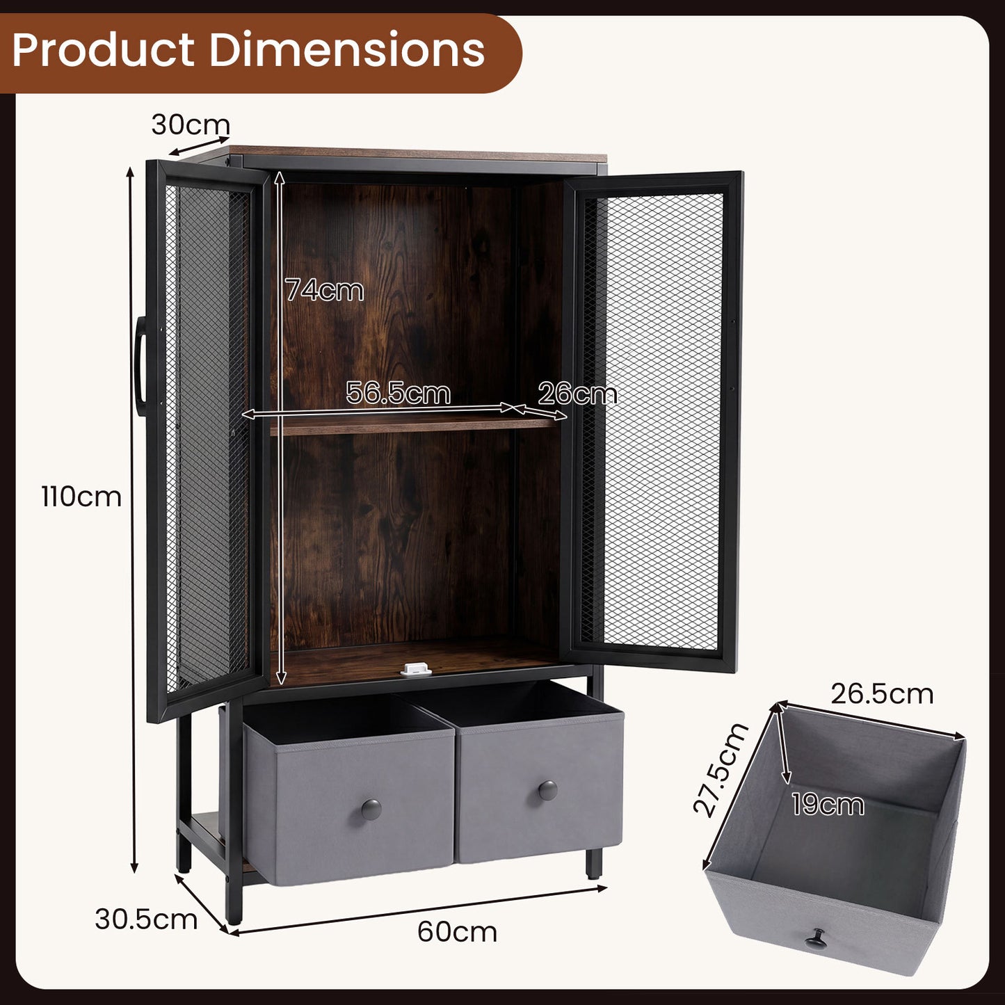 2-Tier Coffee Bar Cabinet with Spacious Countertop and 2 Fabric Drawers-Rustic Brown