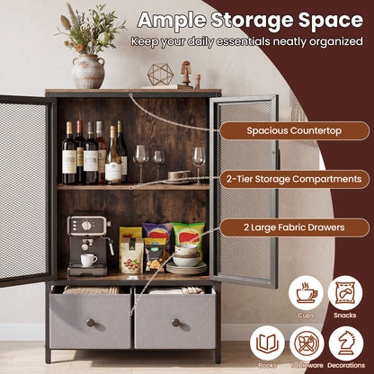2-Tier Coffee Bar Cabinet with Spacious Countertop and 2 Fabric Drawers-Rustic Brown