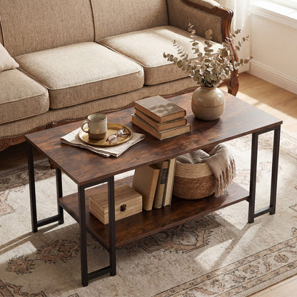 2-Tier Coffee Table Modern Accent Table with Open Storage Shelf Center Table-Brown