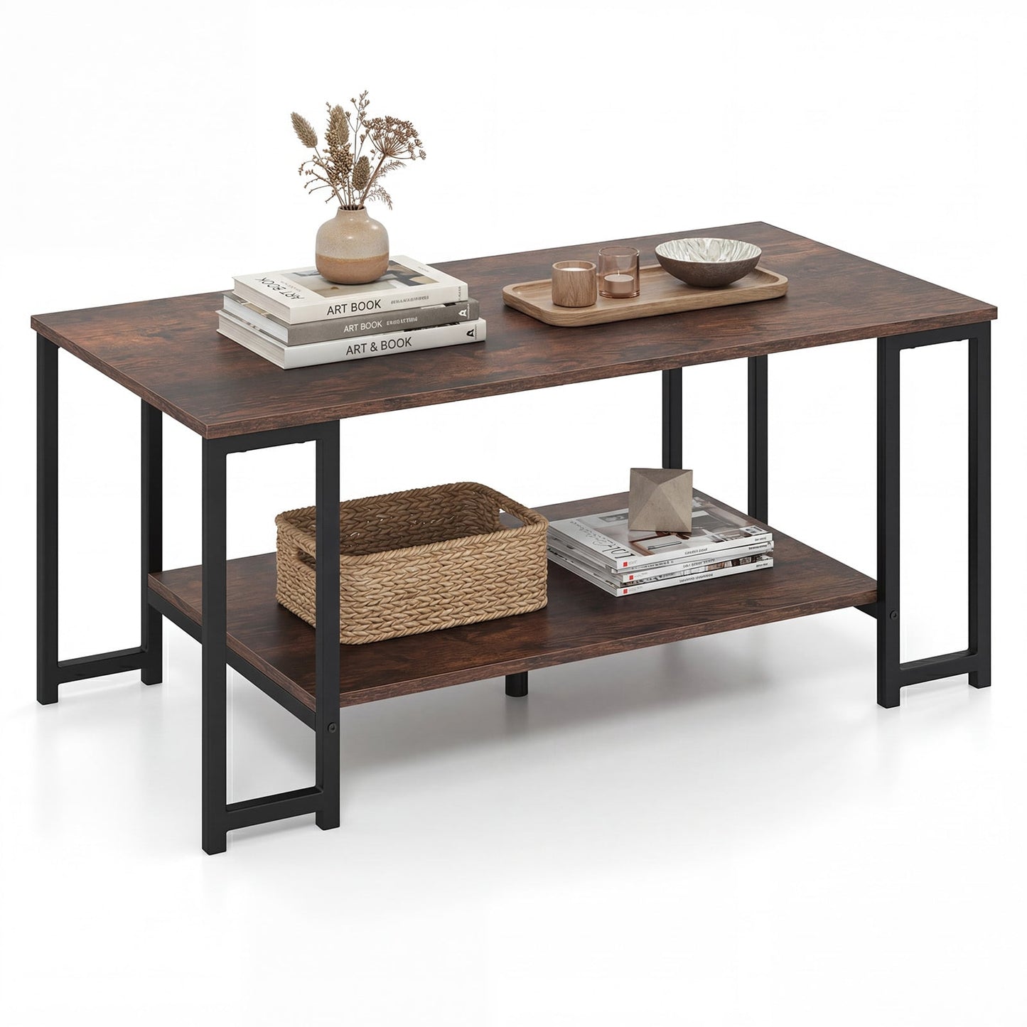 2-Tier Coffee Table Modern Accent Table with Open Storage Shelf Center Table-Brown
