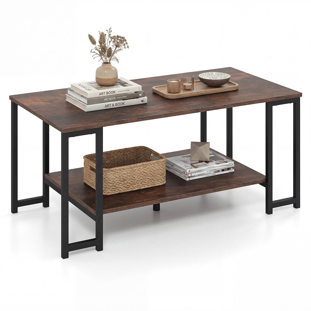 2-Tier Coffee Table Modern Accent Table with Open Storage Shelf Center Table-Brown