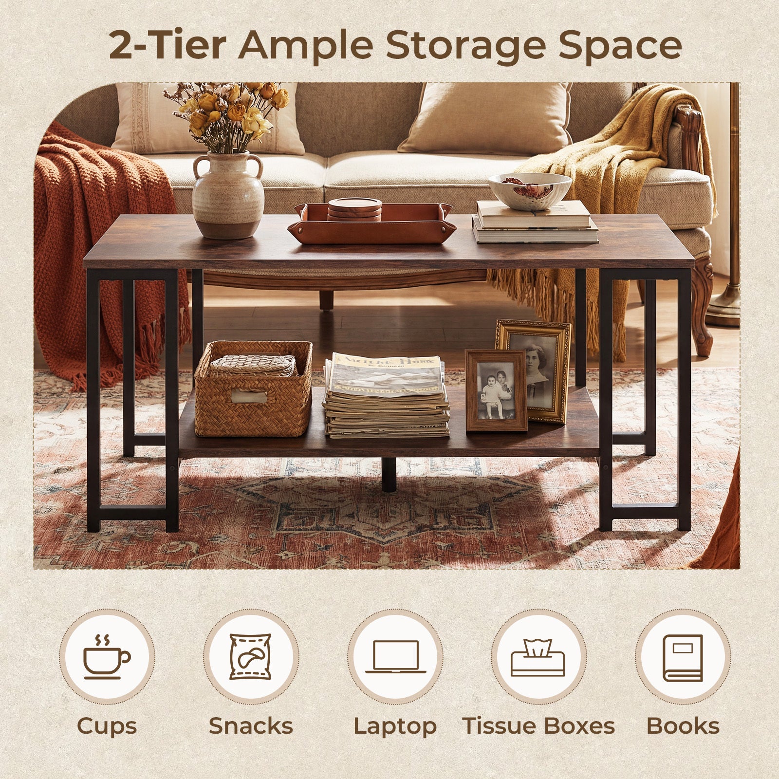 2-Tier Coffee Table Modern Accent Table with Open Storage Shelf Center Table-Brown