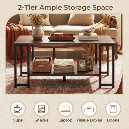 2-Tier Coffee Table Modern Accent Table with Open Storage Shelf Center Table-Brown