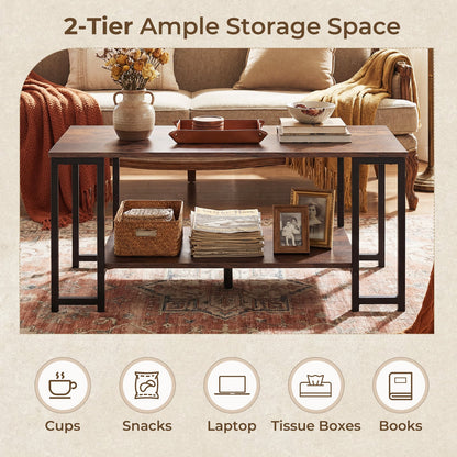 2-Tier Coffee Table Modern Accent Table with Open Storage Shelf Center Table-Brown