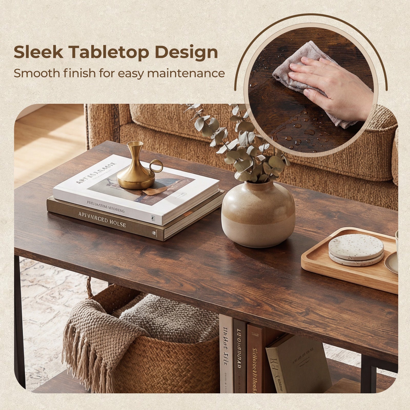 2-Tier Coffee Table Modern Accent Table with Open Storage Shelf Center Table-Brown