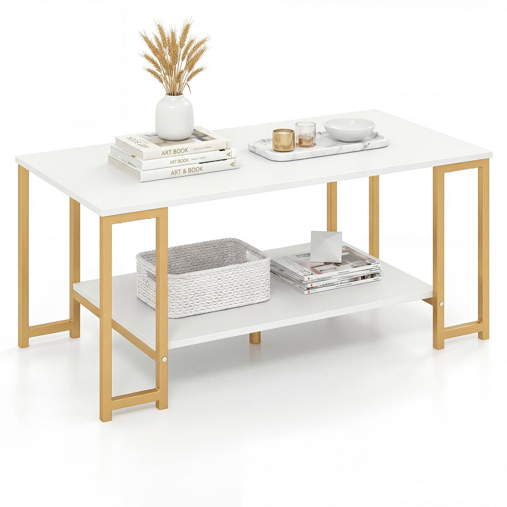 2-Tier Coffee Table Modern Accent Table with Open Storage Shelf Center Table-White