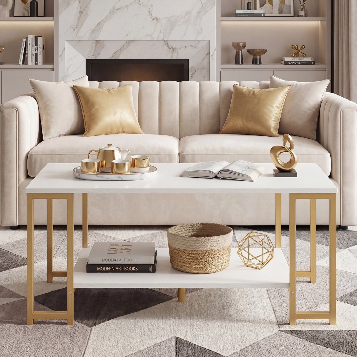 2-Tier Coffee Table Modern Accent Table with Open Storage Shelf Center Table-White