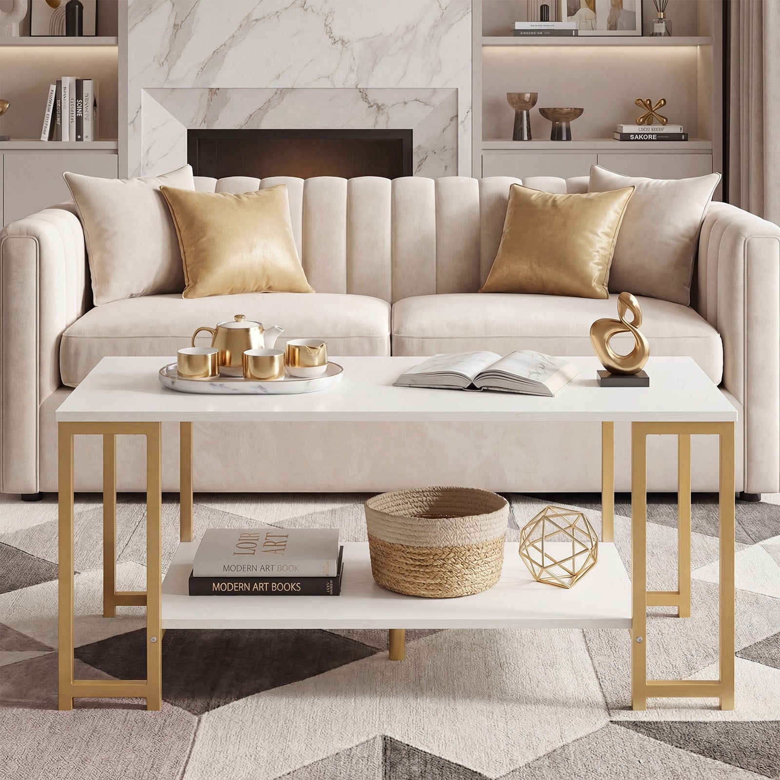 2-Tier Coffee Table Modern Accent Table with Open Storage Shelf Center Table-White