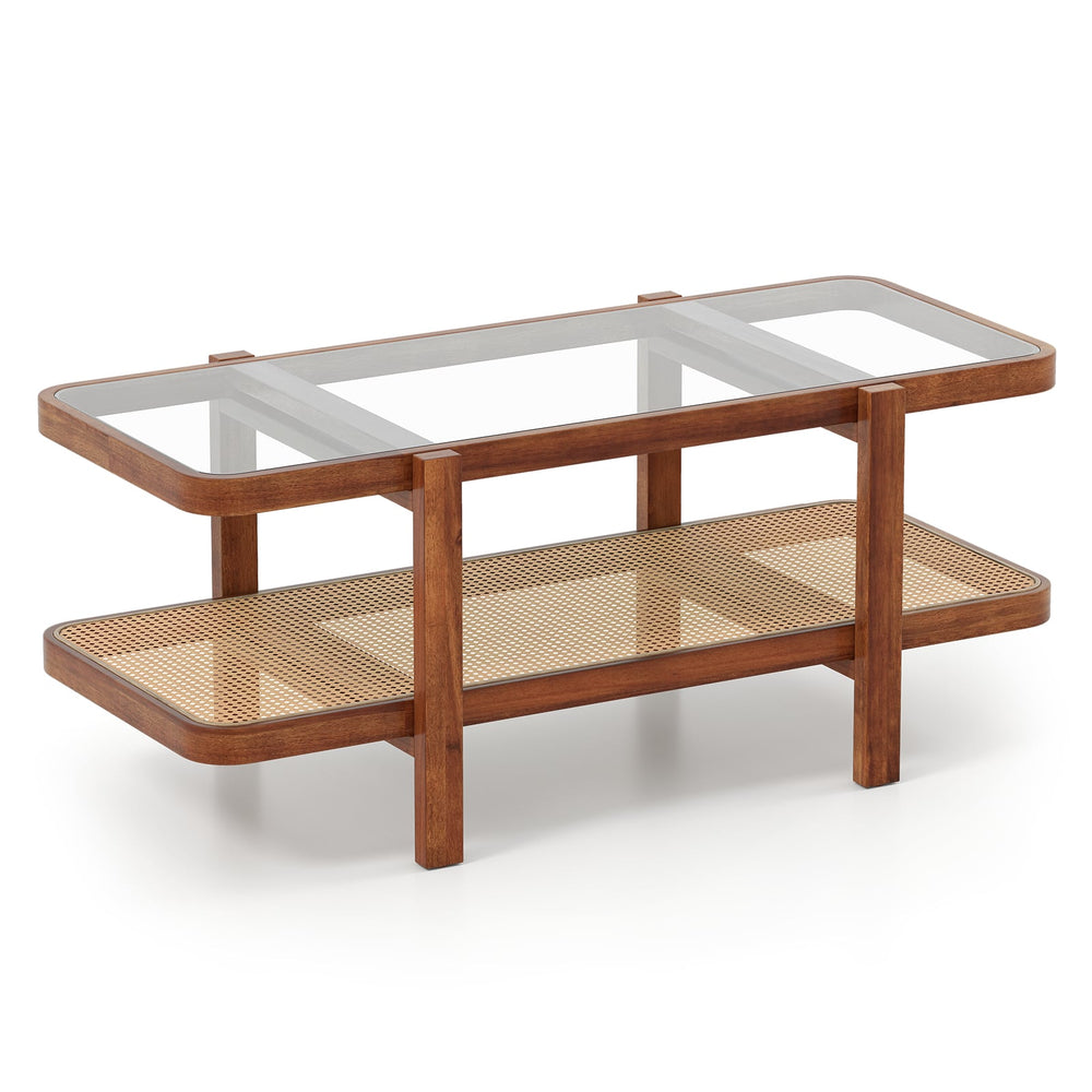 2-Tier Coffee Table with Storage Rectangular Center Table with Tempered Glass Top-Brown
