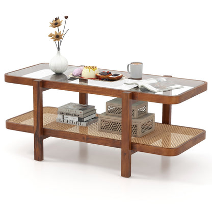 2-Tier Coffee Table with Storage Rectangular Center Table with Tempered Glass Top-Brown