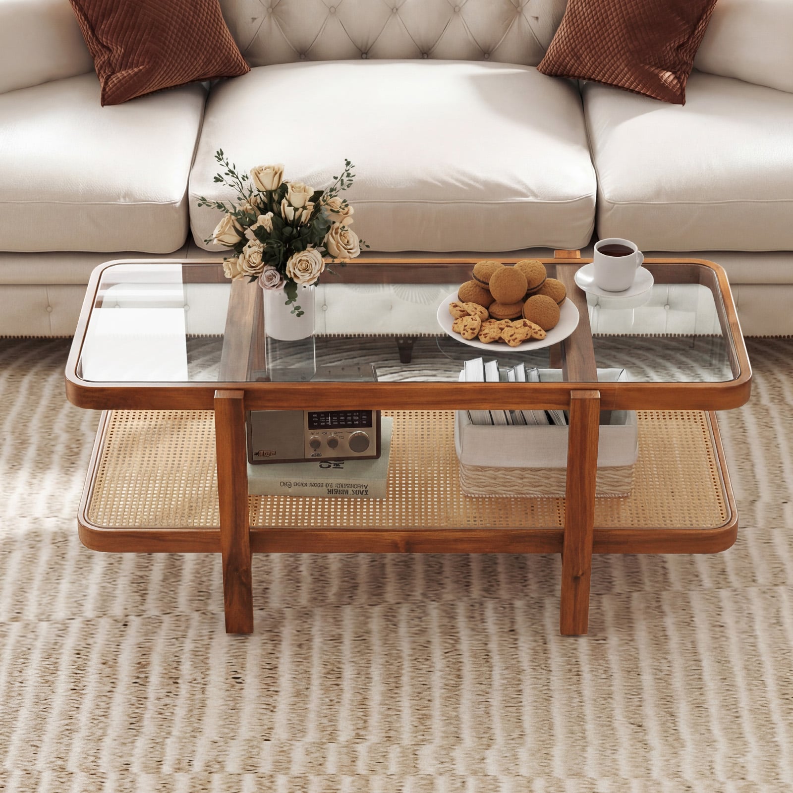 2-Tier Coffee Table with Storage Rectangular Center Table with Tempered Glass Top-Brown