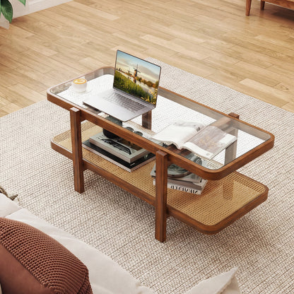2-Tier Coffee Table with Storage Rectangular Center Table with Tempered Glass Top-Brown