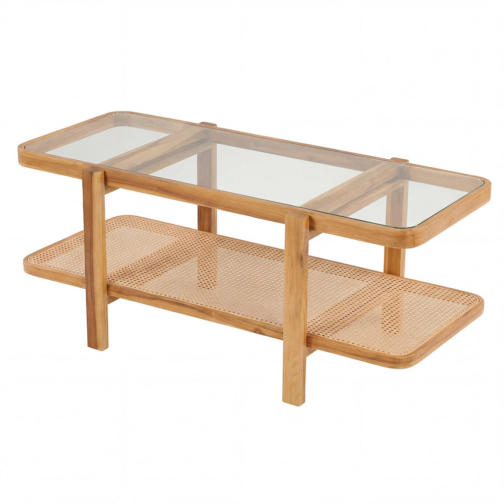 2-Tier Coffee Table with Storage Rectangular Center Table with Tempered Glass Top-Light Brown