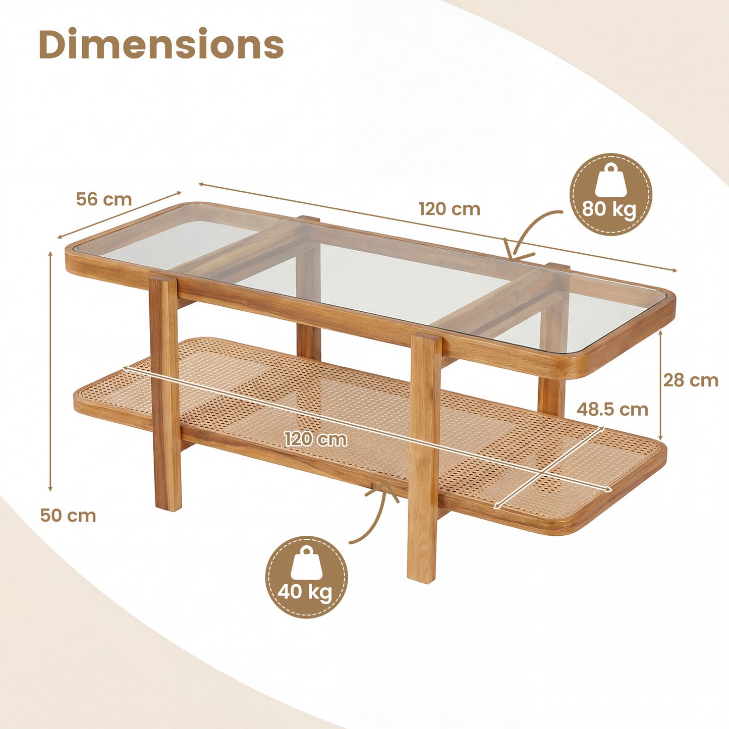2-Tier Coffee Table with Storage Rectangular Center Table with Tempered Glass Top-Light Brown