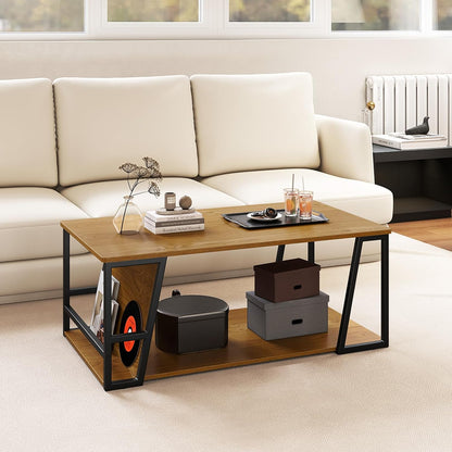 2-Tier Coffee Table with Storage Shelf and Open Compartment-Natural