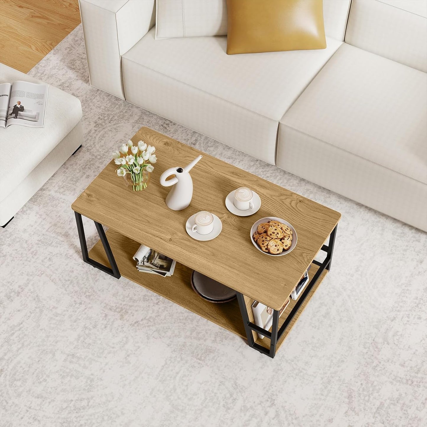 2-Tier Coffee Table with Storage Shelf and Open Compartment-Natural