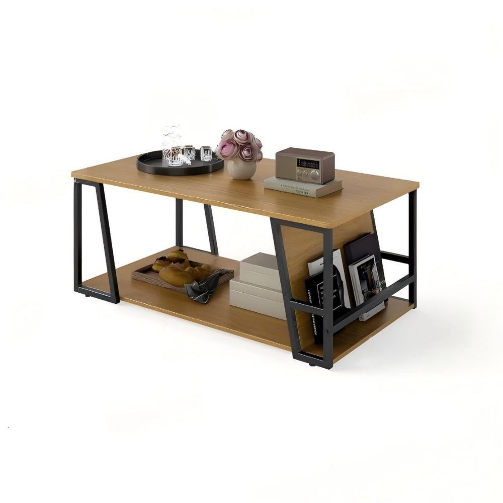 2-Tier Coffee Table with Storage Shelf and Open Compartment-Natural