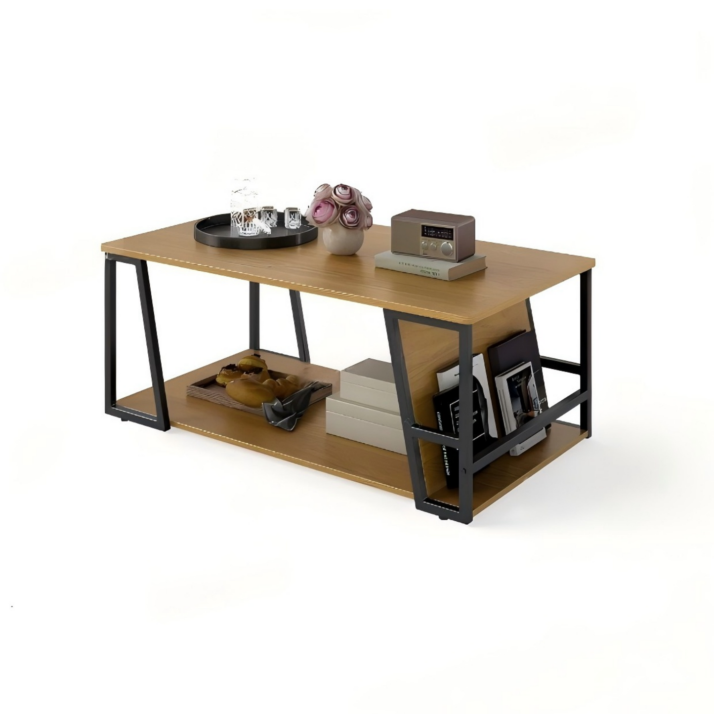 2-Tier Coffee Table with Storage Shelf and Open Compartment-Natural