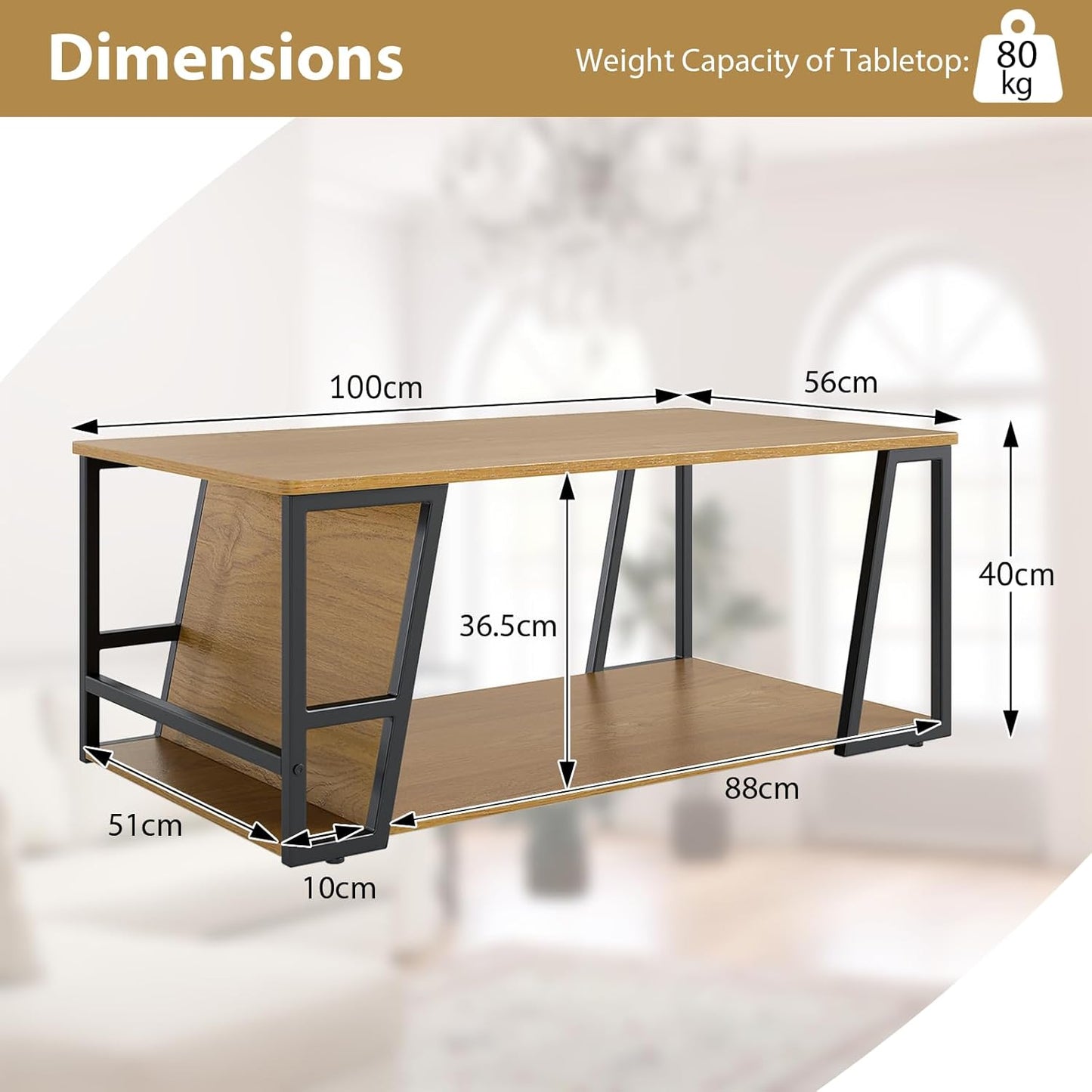 2-Tier Coffee Table with Storage Shelf and Open Compartment-Natural