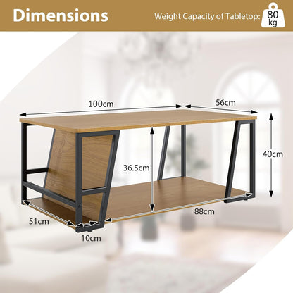 2-Tier Coffee Table with Storage Shelf and Open Compartment-Natural