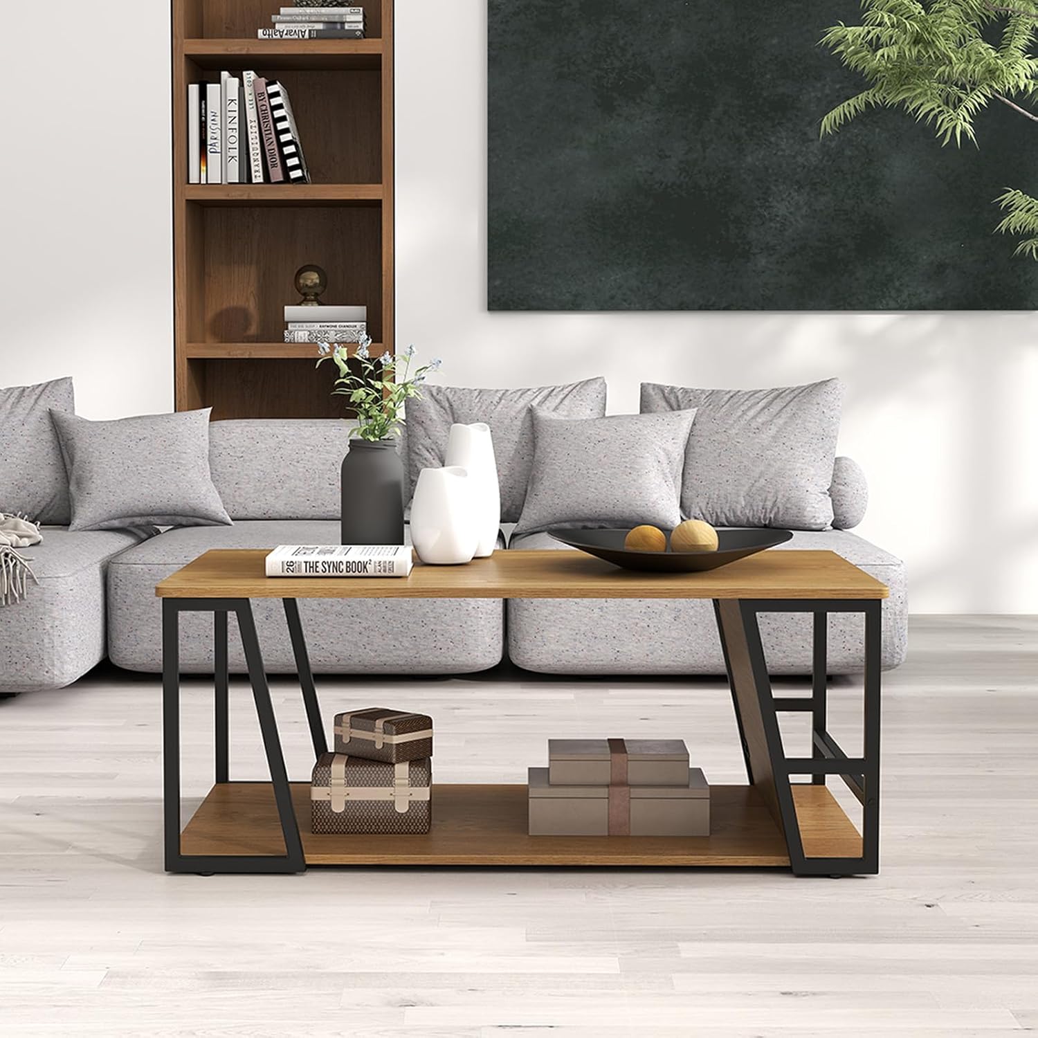2-Tier Coffee Table with Storage Shelf and Open Compartment-Natural
