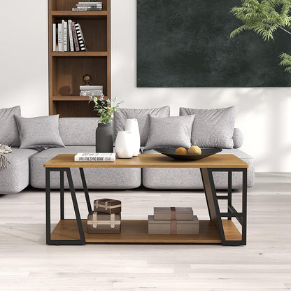 2-Tier Coffee Table with Storage Shelf and Open Compartment-Natural