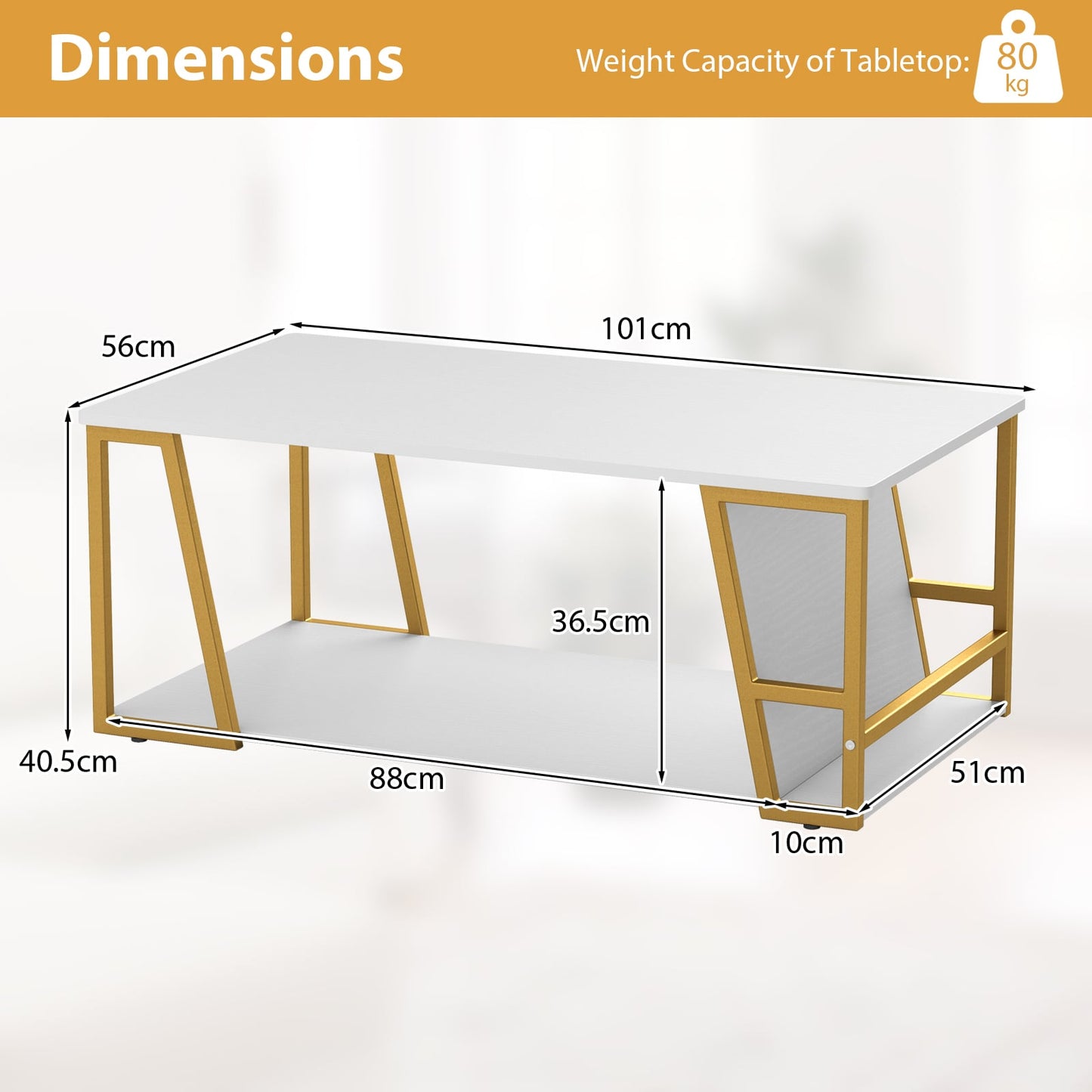 2-Tier Coffee Table with Storage Shelf and Open Compartment-White & Golden