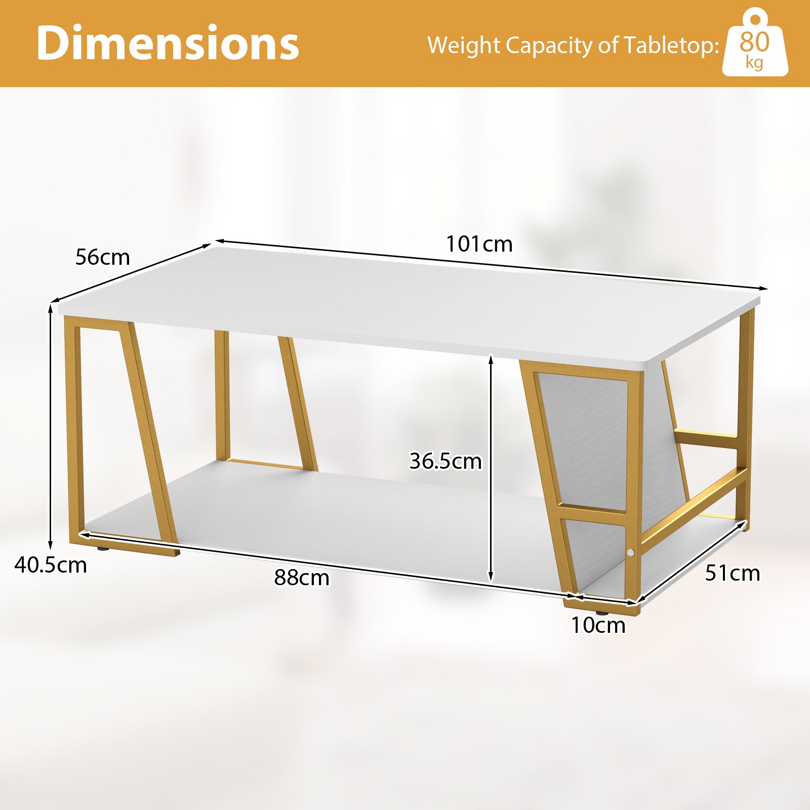 2-Tier Coffee Table with Storage Shelf and Open Compartment-White & Golden