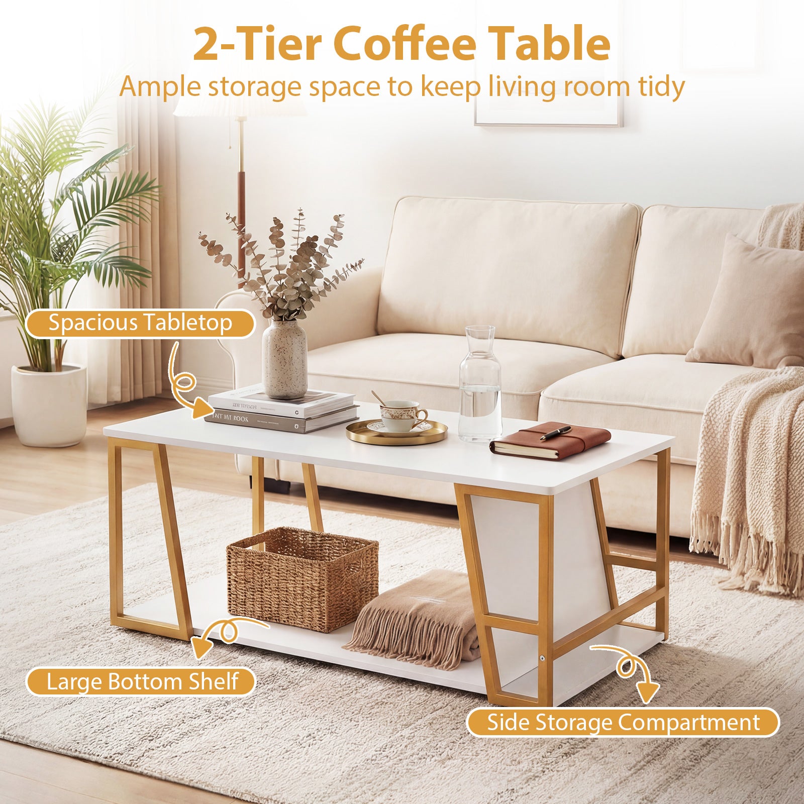 2-Tier Coffee Table with Storage Shelf and Open Compartment-White & Golden