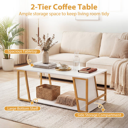 2-Tier Coffee Table with Storage Shelf and Open Compartment-White & Golden