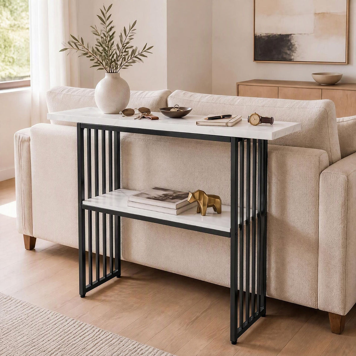 2-Tier Console Table with Faux Marble Shelves and Solid Metal Structure-White and Black