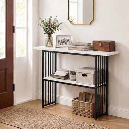 2-Tier Console Table with Faux Marble Shelves and Solid Metal Structure-White and Black