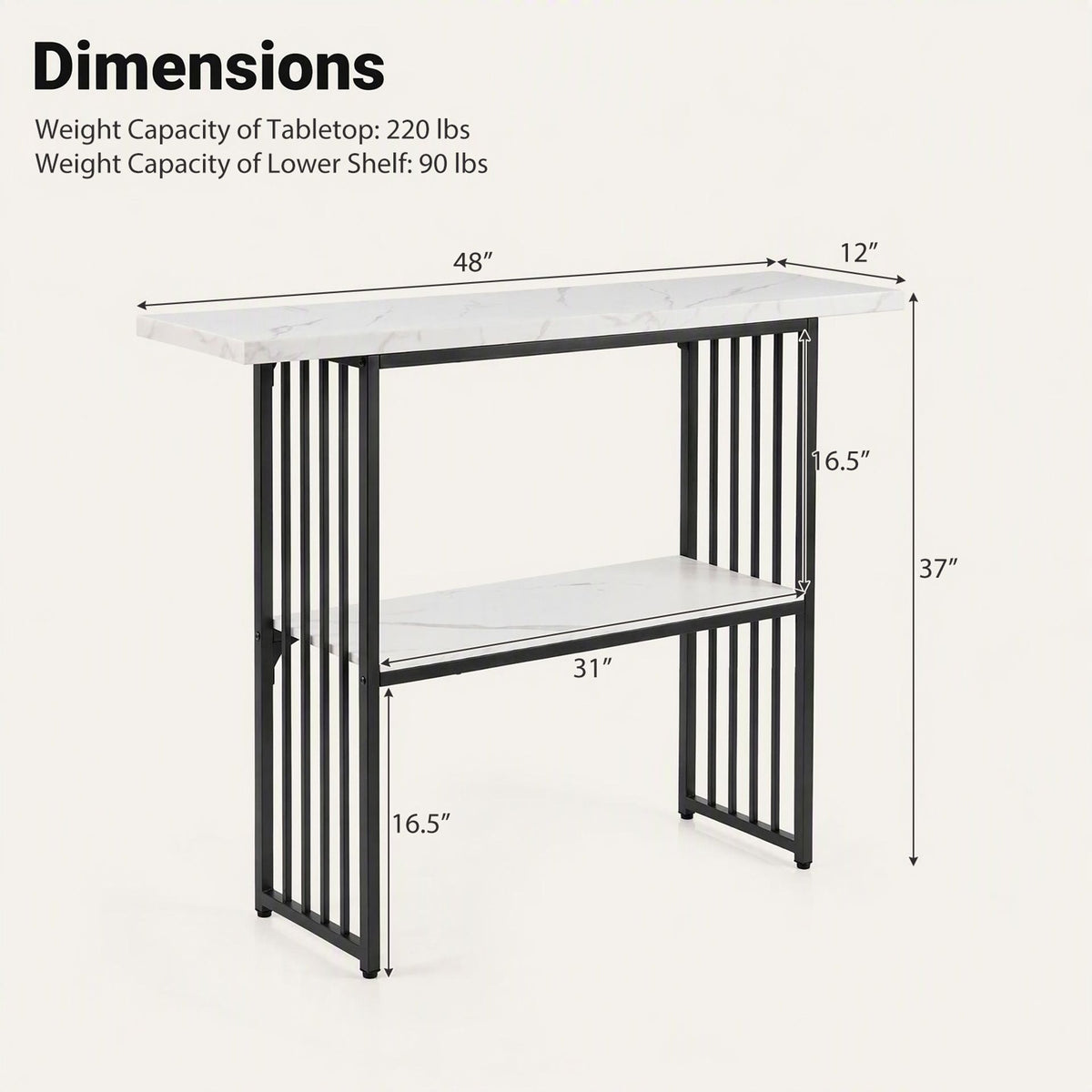2-Tier Console Table with Faux Marble Shelves and Solid Metal Structure-White and Black