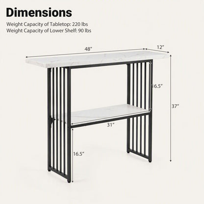 2-Tier Console Table with Faux Marble Shelves and Solid Metal Structure-White and Black