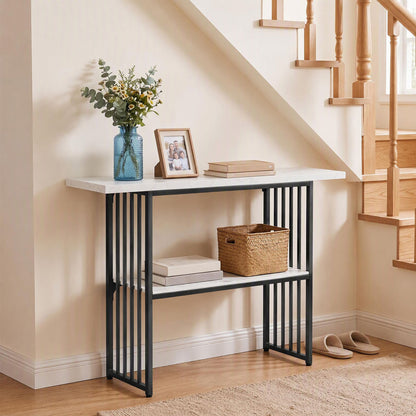 2-Tier Console Table with Faux Marble Shelves and Solid Metal Structure-White and Black