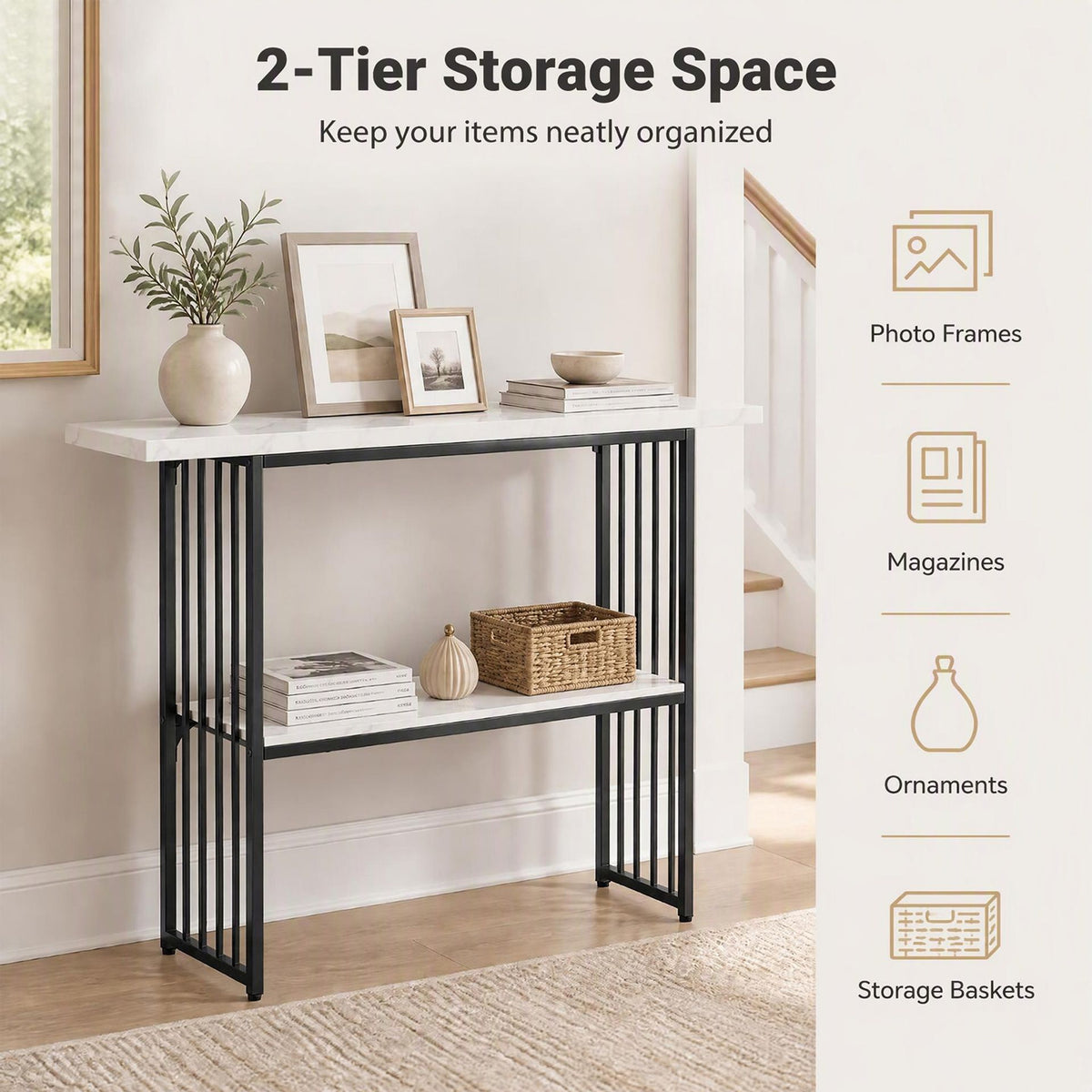 2-Tier Console Table with Faux Marble Shelves and Solid Metal Structure-White and Black