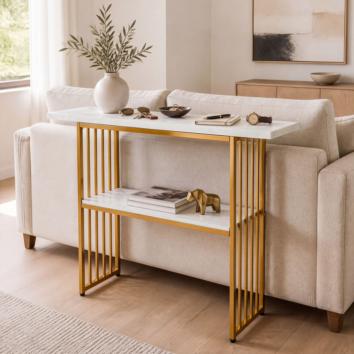 2-Tier Console Table with Faux Marble Shelves and Solid Metal Structure-White and Golden