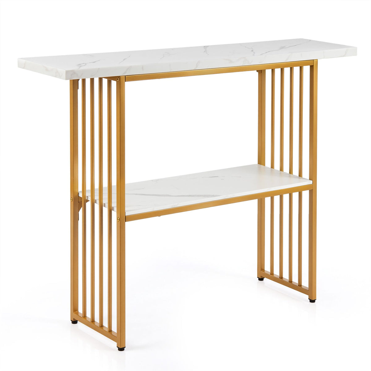 2-Tier Console Table with Faux Marble Shelves and Solid Metal Structure-White and Golden