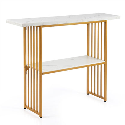 2-Tier Console Table with Faux Marble Shelves and Solid Metal Structure-White and Golden