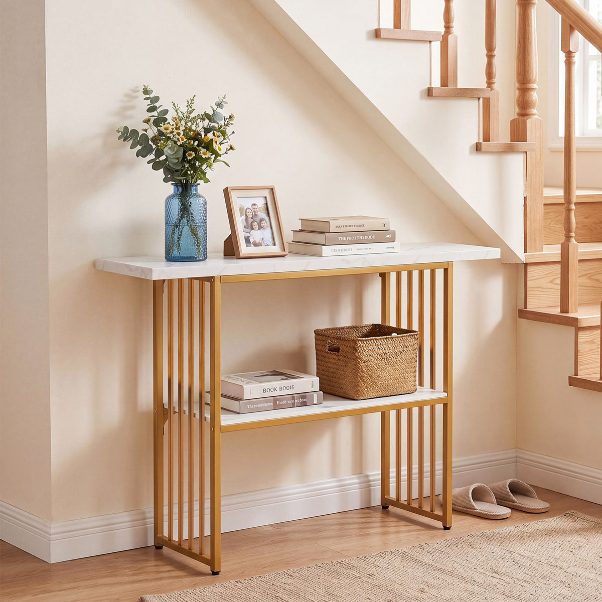 2-Tier Console Table with Faux Marble Shelves and Solid Metal Structure-White and Golden