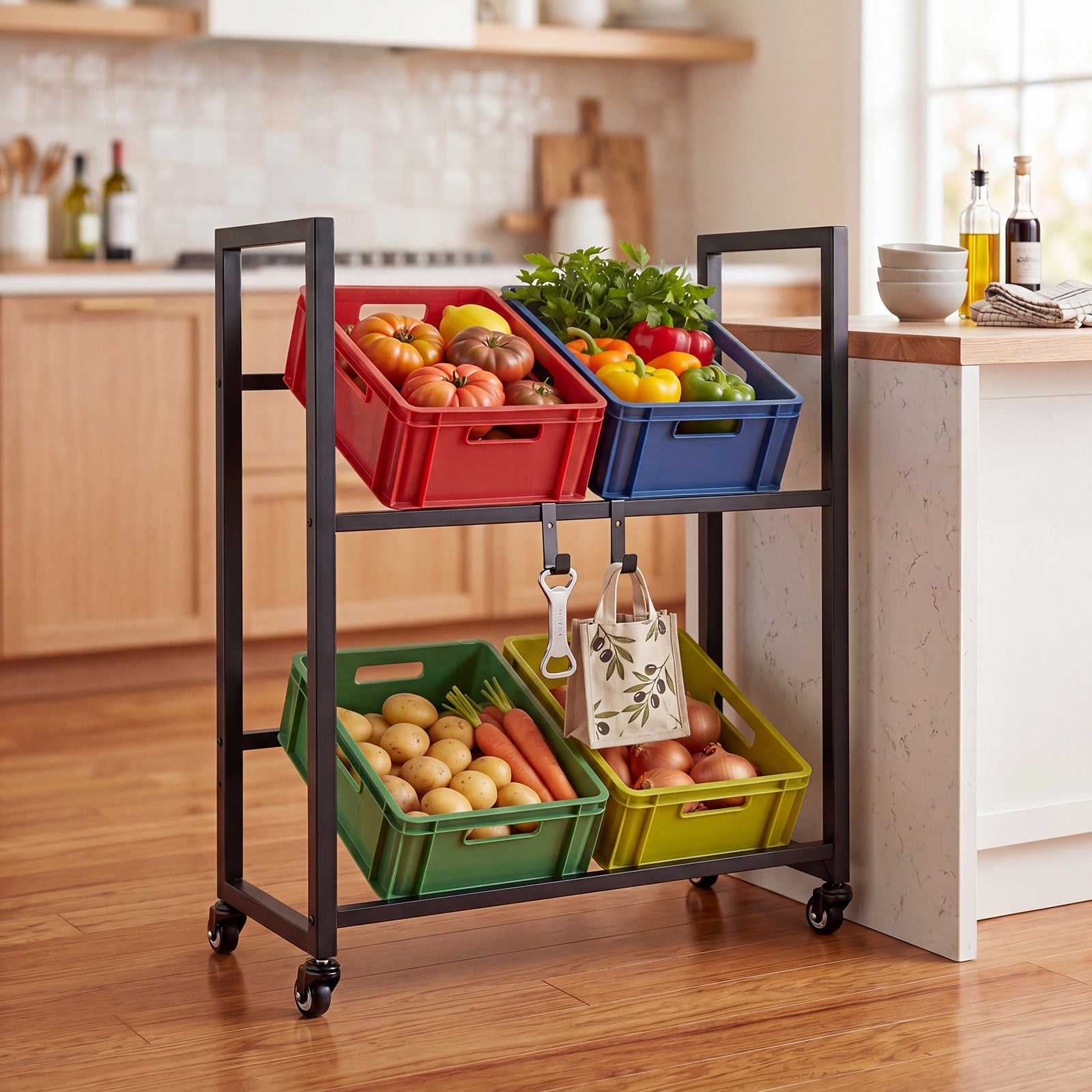 2-Tier Drink Crate Rack Rolling Bottle Crate Shelf with Wheels-Black