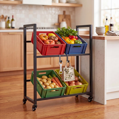 2-Tier Drink Crate Rack Rolling Bottle Crate Shelf with Wheels-Black