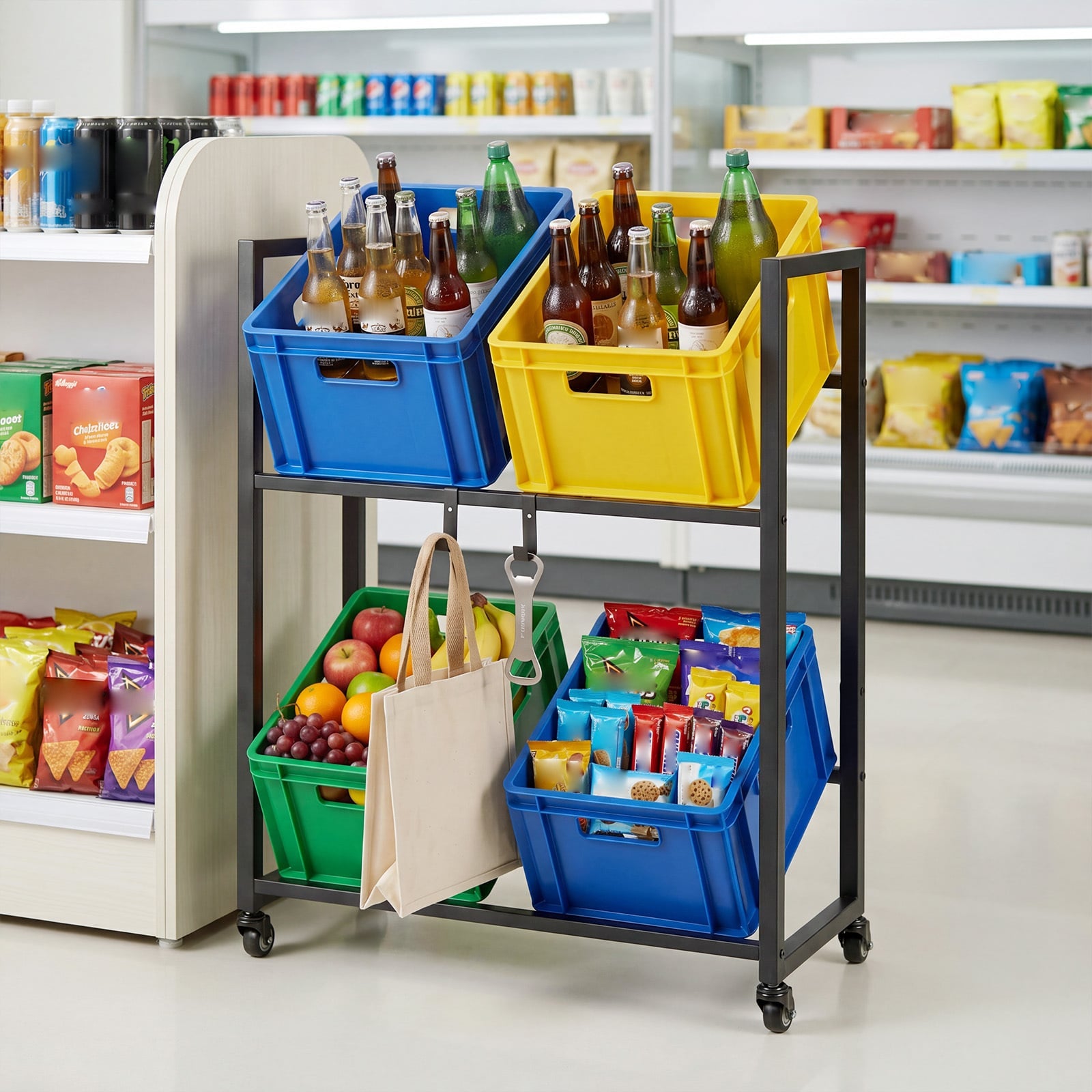 2-Tier Drink Crate Rack Rolling Bottle Crate Shelf with Wheels-Black