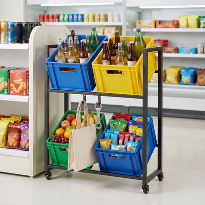 2-Tier Drink Crate Rack Rolling Bottle Crate Shelf with Wheels-Black
