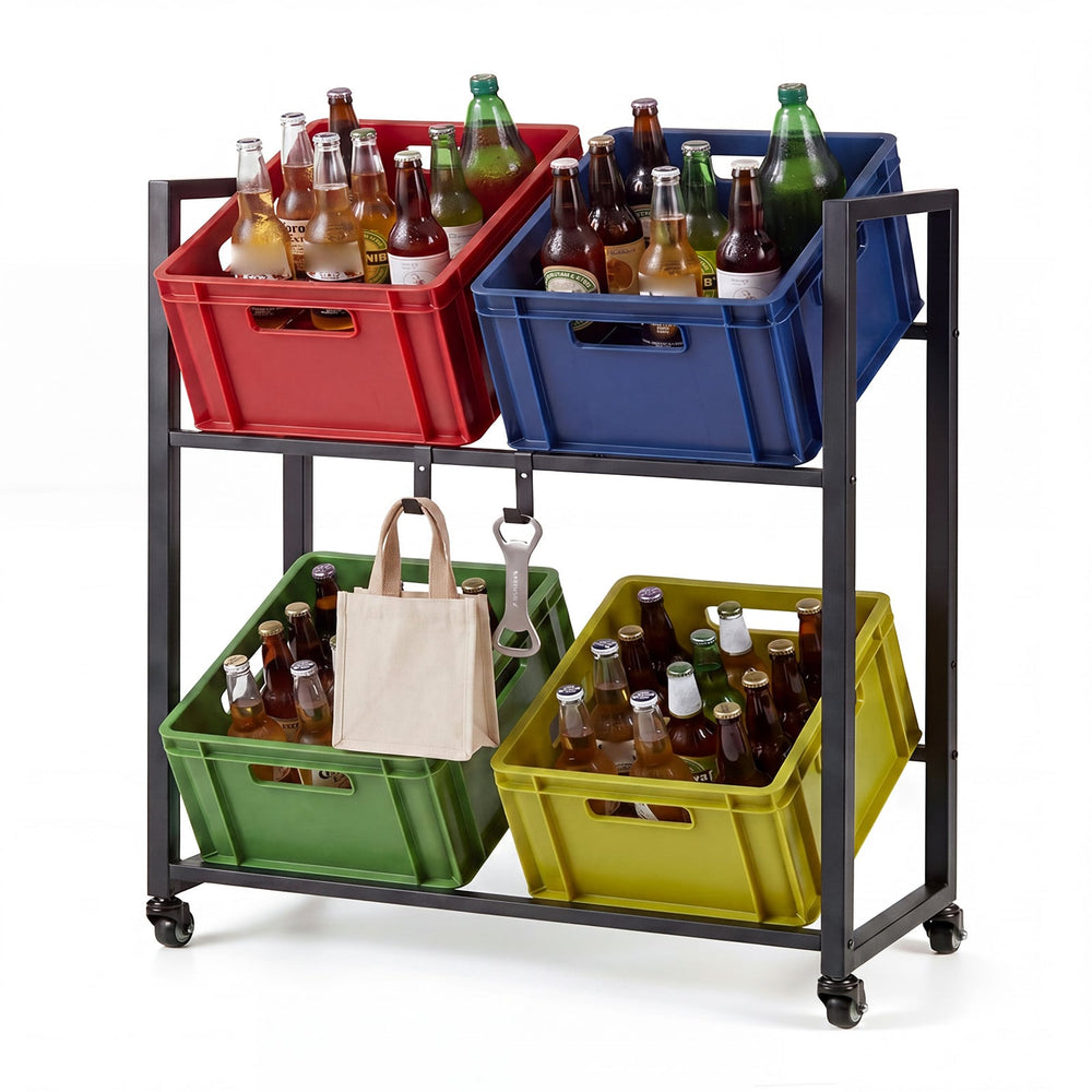 2-Tier Drink Crate Rack Rolling Bottle Crate Shelf with Wheels-Black