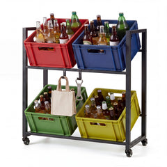 2-Tier Drink Crate Rack Rolling Bottle Crate Shelf with Wheels-Black