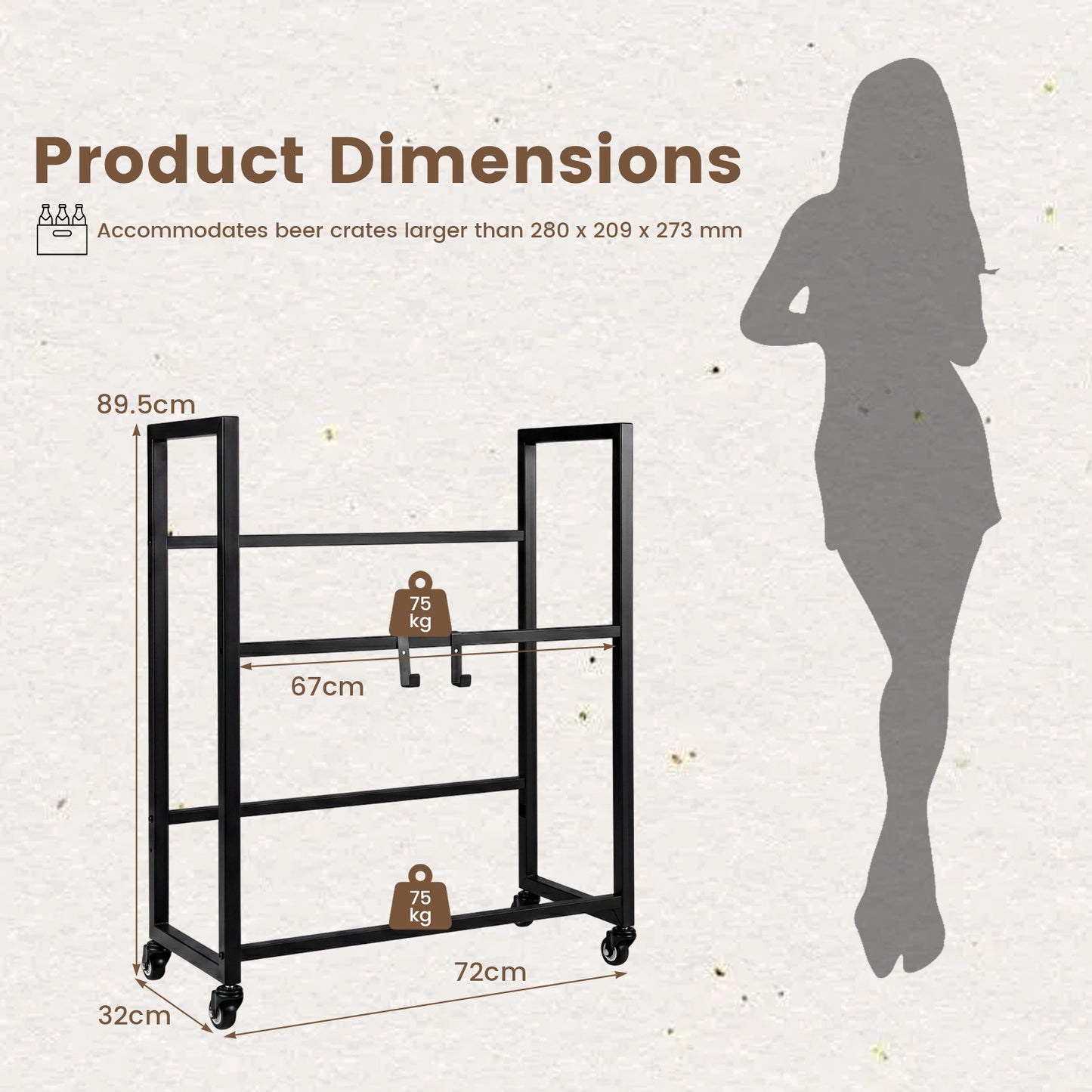 2-Tier Drink Crate Rack Rolling Bottle Crate Shelf with Wheels-Black
